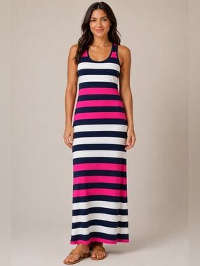 Tommy Bahama Striped Racerback Maxi Dress Size M Navy Pink White